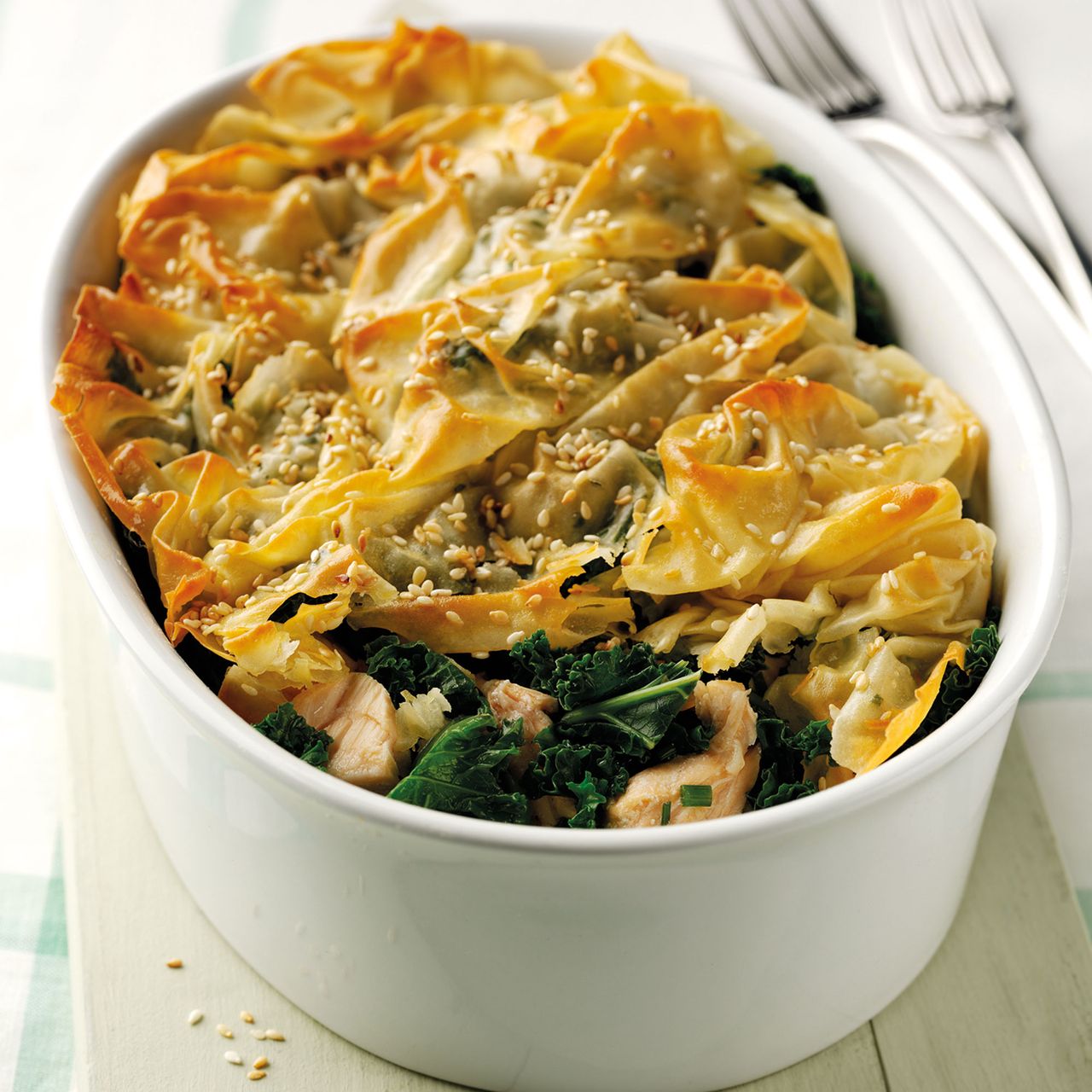 salmon and kale filo pie photo