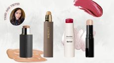 A collage of makeup sticks, including the Westman Atelier Face Trace Stick, Merit Complexion Stick, Violette_Fr Bisou Blush and Chanel Essentiel Baume, all arranged on a white and grey template with various makeup swatches and a picture of Digital Beauty Writer, Naomi Jamieson, with the words "Tried and Tested"