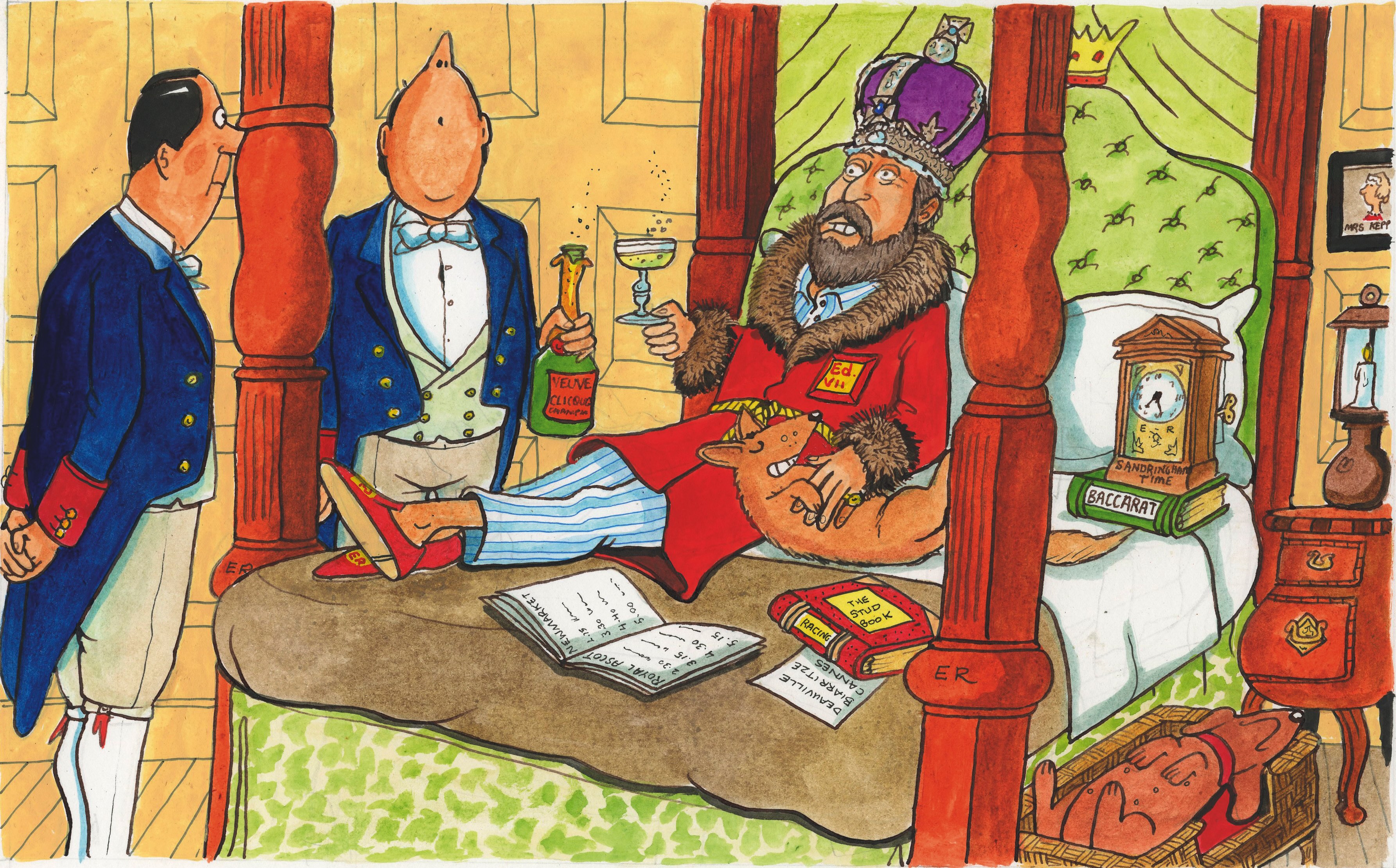 An illustration of some butlers surrounding King Edward VII while he lays in bed drinking champagne