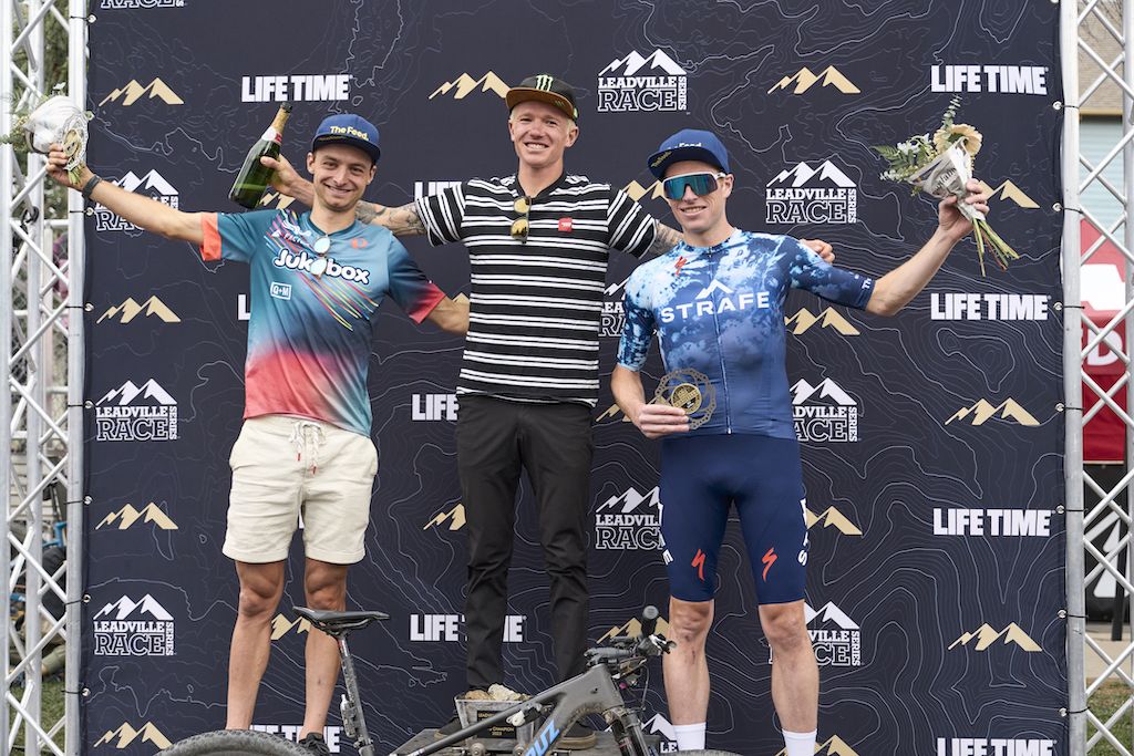 The elite men's podium at the Leadville Trail 100 MTB 2023