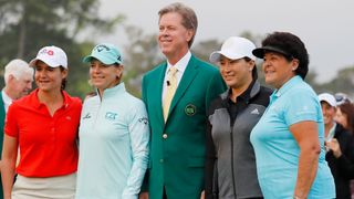 Lorena Ochoa, Annika Sorenstam, Fred Ridley, Se-Ri Pak and Nancy Lopez before the 2019 Augusta National Women’s Amateur