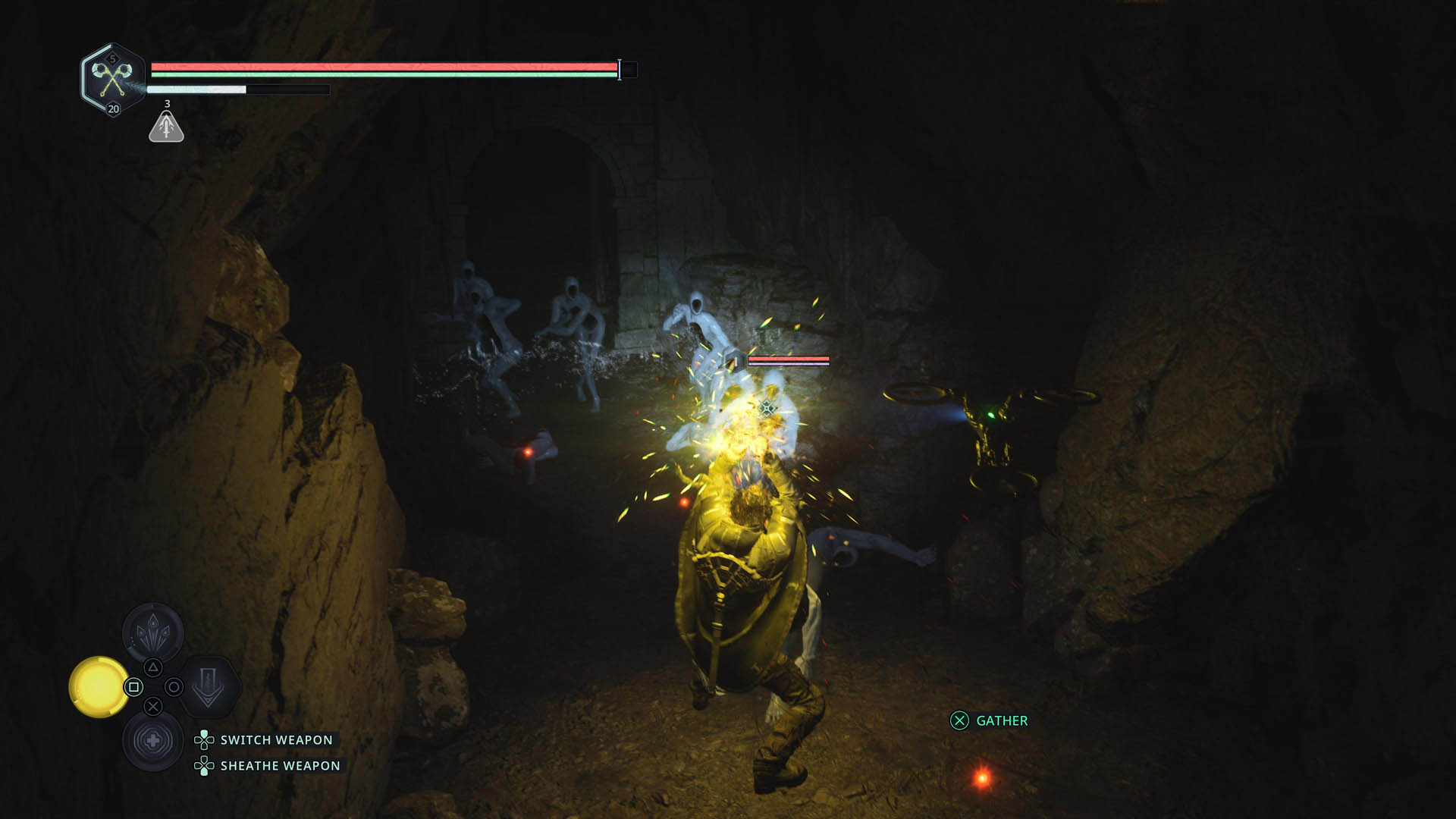 A horde of Hollow Walkers approach Remi in Hell is Us within a dark cave, as Remi charges up a yellow attack