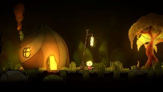 Layers Deep screenshot showing the Metroidvania's onion-like protagonist amid a root vegetable-themed village of sorts with warm lighting