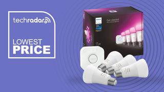 Philips Hue starter kit with box on purple background with white text reading &#039;TechRadar Lowest Price&#039;