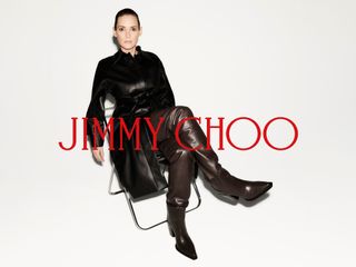 Winona Ryder wears a black leather coat in a new Jimmy Choo advertisement