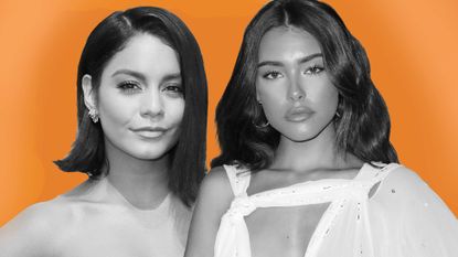A montage collage of Vanessa Hudgens and Madison Beer in black and white ontop of a orange background, the two have just started a dna beauty brand called know beauty