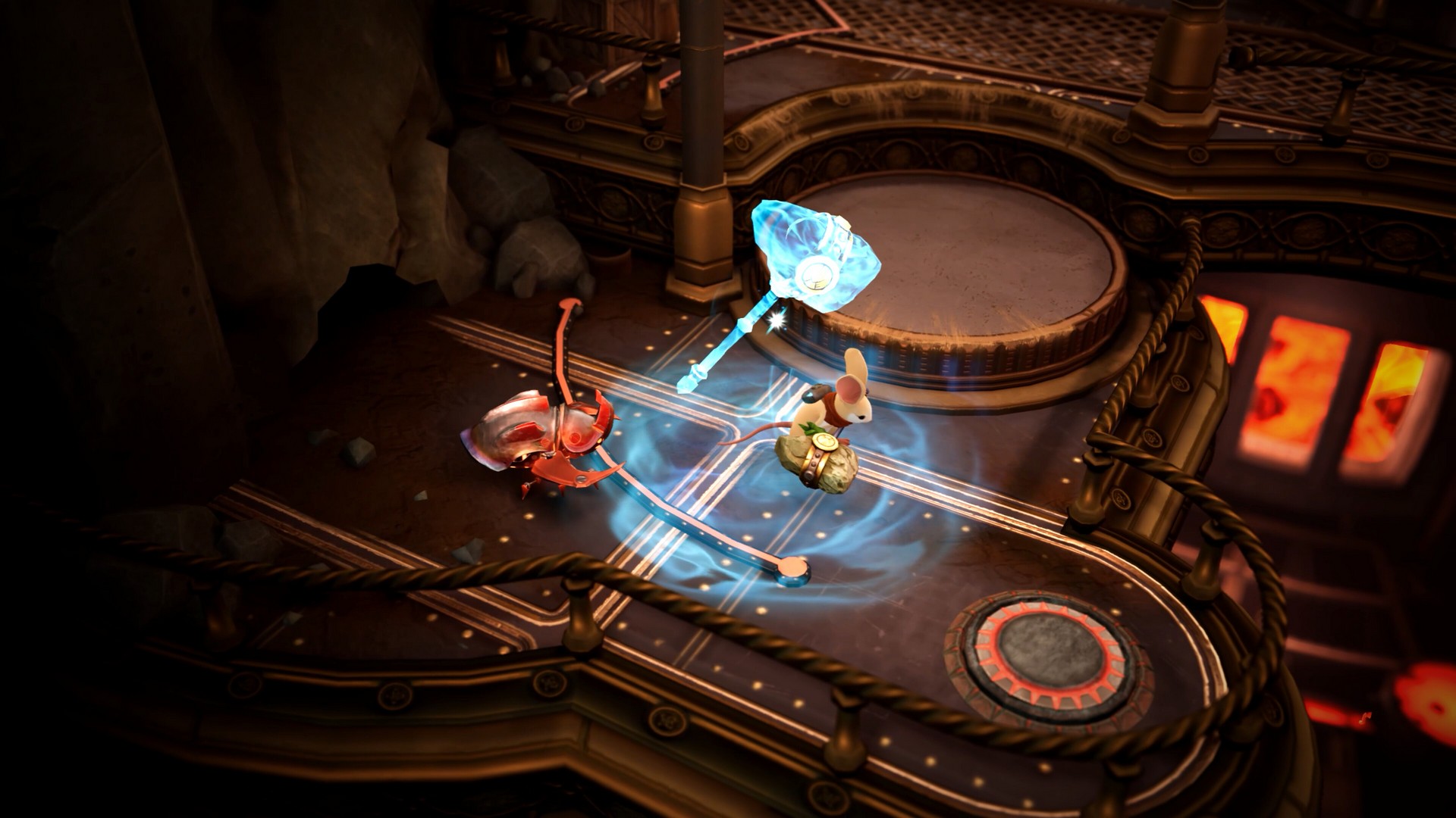Quill summons a hammer trap in a metal area in Moss: The Forgotten Relic to attack a robot beetle