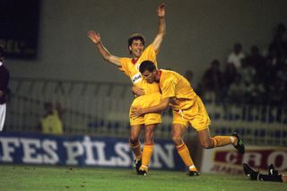 Dean Saunders celebrates after scoring for Galatasaray against Sparta Prague in 1995