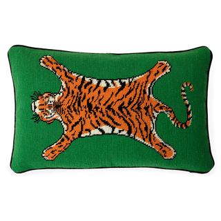 green needlepoint pillow with tiger design