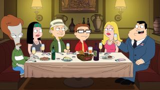 The Smith family sitting around dinner table on American Dad