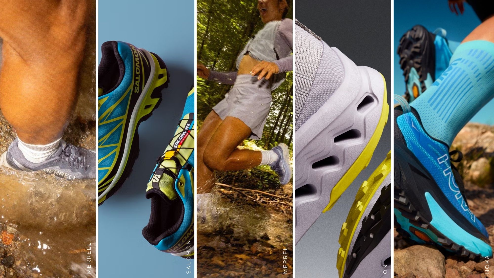 composite of the best trail running shoes from Merrell, Salomon, On, Hoka