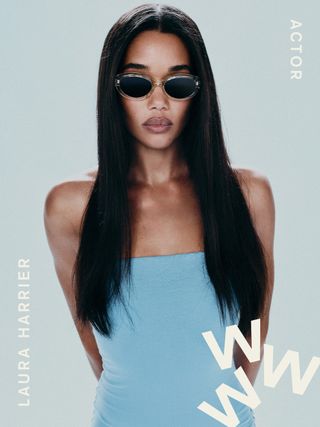 A photo of Laura Harrier from her collaboration campaign with Reformation. She's wearing a blue strapless dress and sunglasses, and the photo is edited to say "actor" "Laura Harrier" and "WWW."