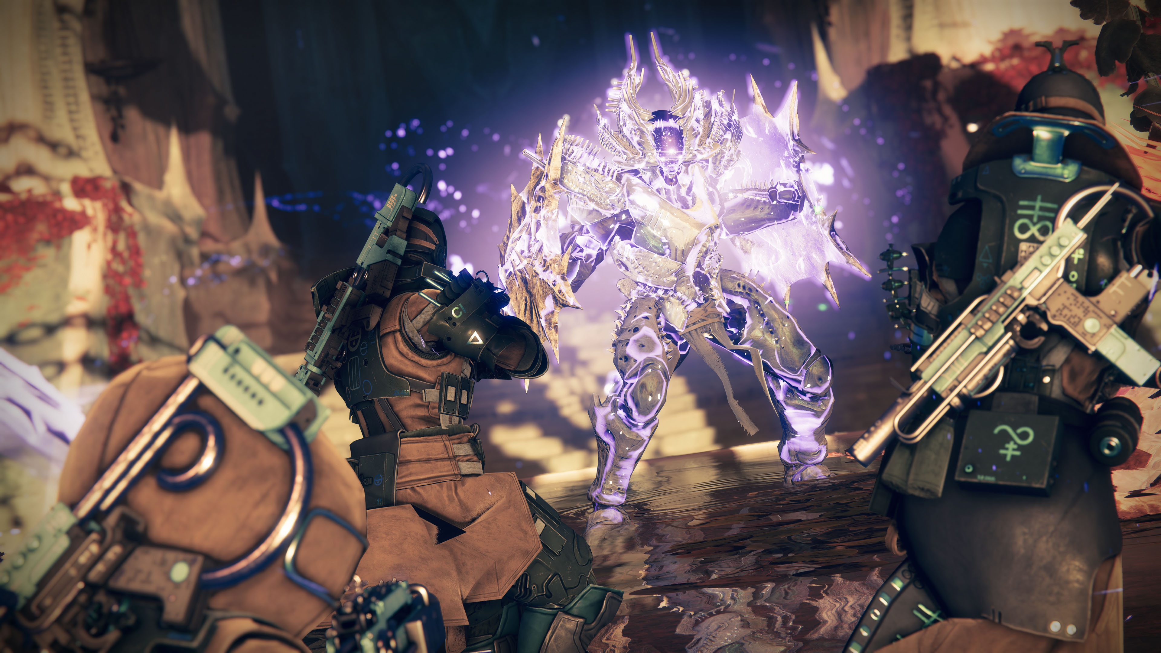 Three Guardians stand-off against a Lucent Knight in his Super.
