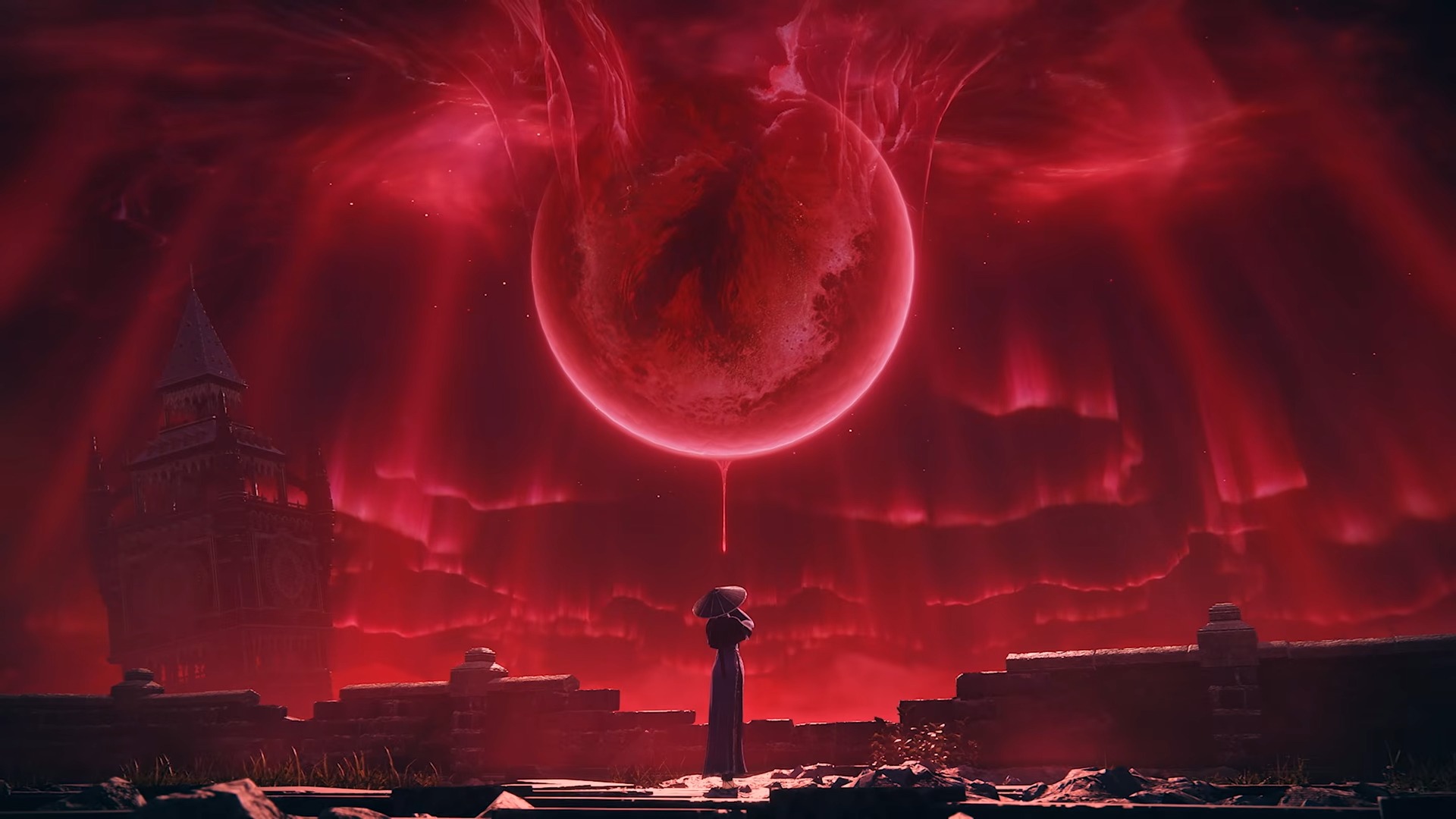The Duskbloods trailer screenshot showing a blood red moon and sky with a bloodsworn woman standing directly under the moon on some ruins