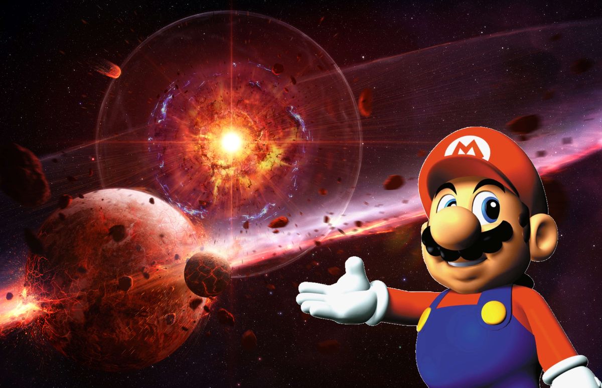 Mario pointing at an illustration of a supernova destroying planets