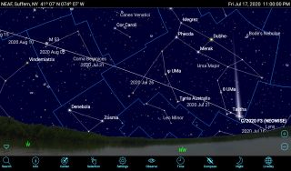 After dusk during July, comet C/2020 F3 (NEOWISE) will be visible low in the northwestern sky as it travels northwest in the sky below the constellation of Ursa Major. Mobile apps can help you find it. This chart shows the comet's path through the sky until mid-August, at 11 p.m. local time. Each night the comet will diminish in brightness — so look for it as soon as possible.