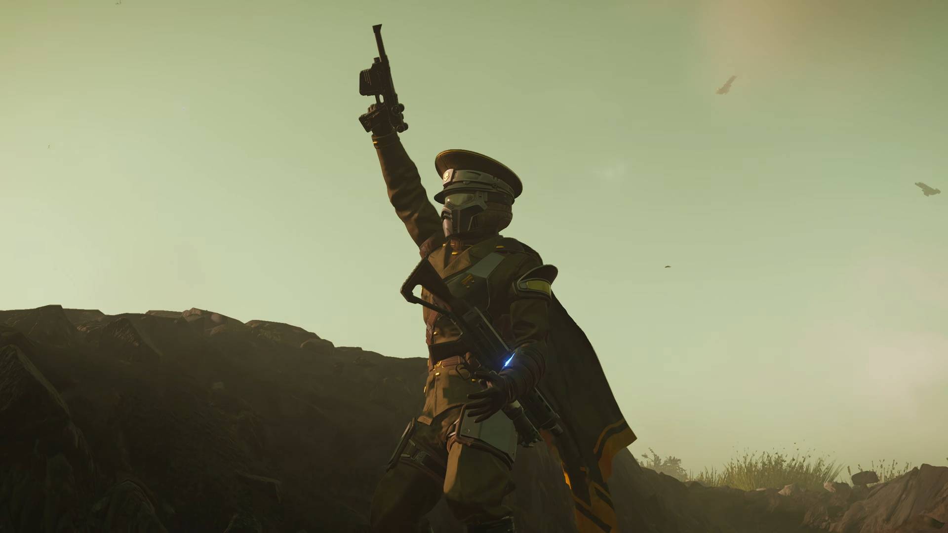 Helldivers 2 Entrenched Division warbond helldiver in commandant armor raising arm while holding veto pistol