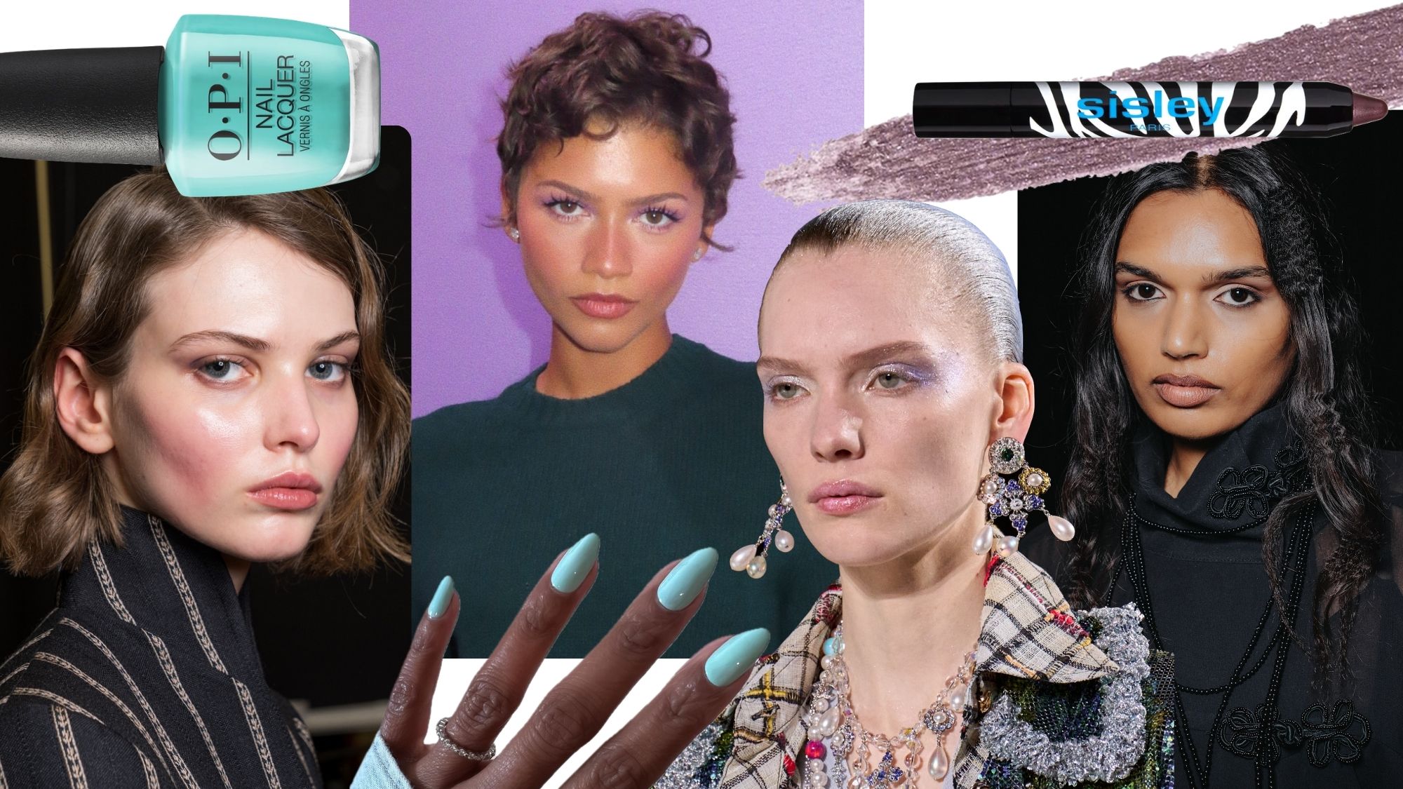 A collage of runway beauty shots, images of Zendaya, and product images for fall 2026.