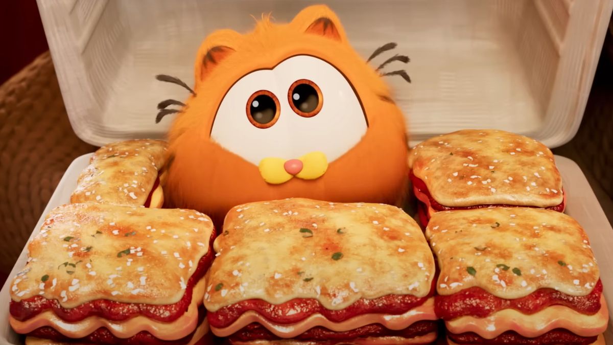 Garfield surrounded by lasagna in The Garfield Movie