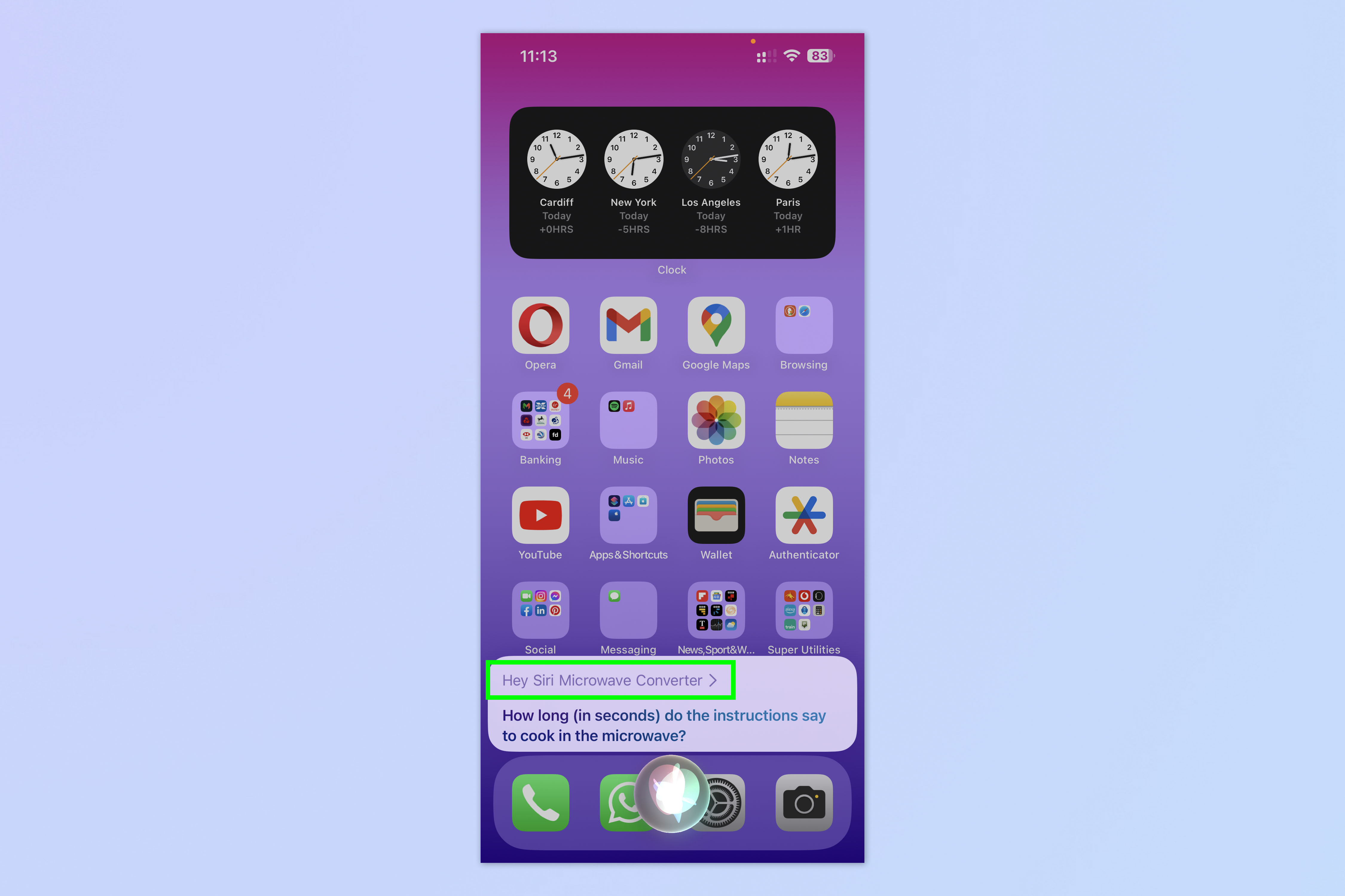 Снимок экрана, показывающий, как использовать ярлык микроволнового конвертера iOS