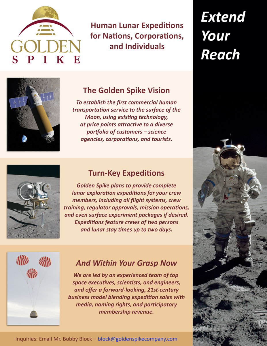 This Golden Spike Company flyer outlines the organization's vision of commercial human lunar missions.
