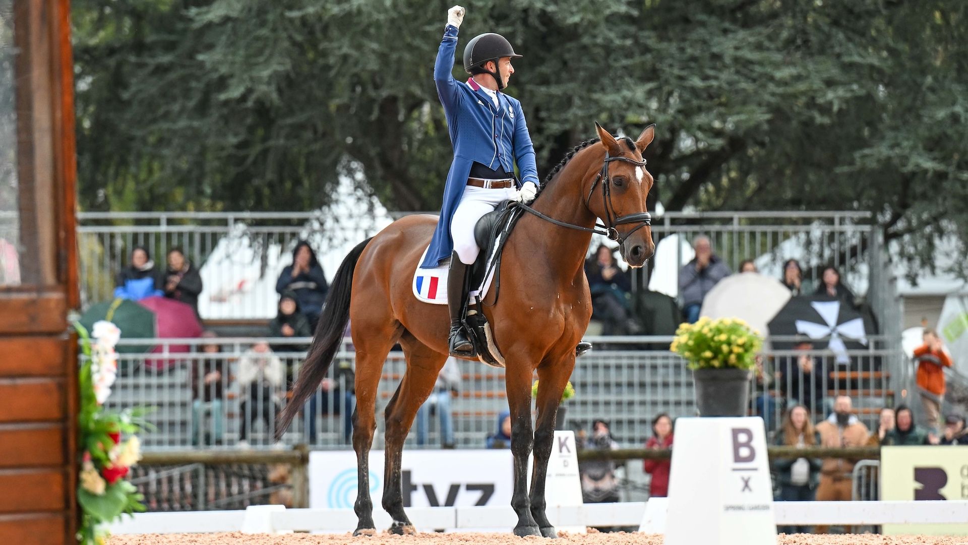 Sebastien Cavaillon and Elipso De La Vigne at Pau dressage 2026; Emily King in the lead