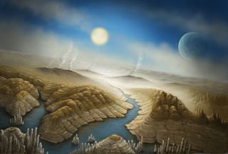 An Artist's concept of the surface of the newfound exoplanet Kepler-452b, a planet about 60 percent wider than Earth that lies 1,400 light-years away. Kepler-452b is likely rocky, and it orbits its sunlike star at the same distance Earth orbits the sun.