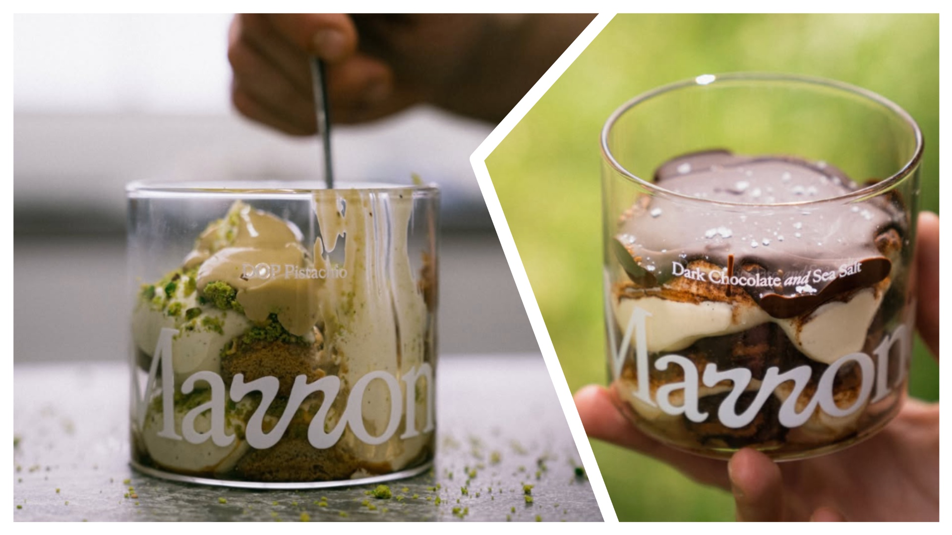 an image of the pistachio tiramisu and the dark chocolate and sea salt tiramisu at marrone