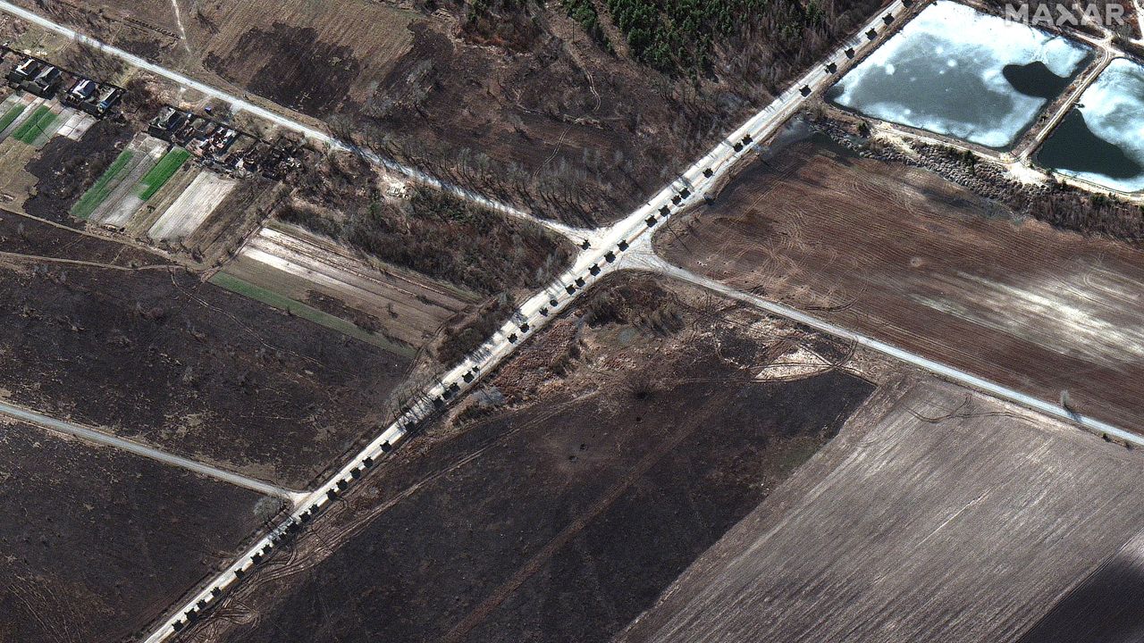 A 40-mile-long convoy of Russian military vehicles seen from space nearing the besieged Ukrainian capital Kyiv.