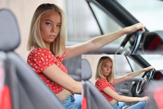 Upscaled image of a female model in a classic car, with original image inside to show the scale