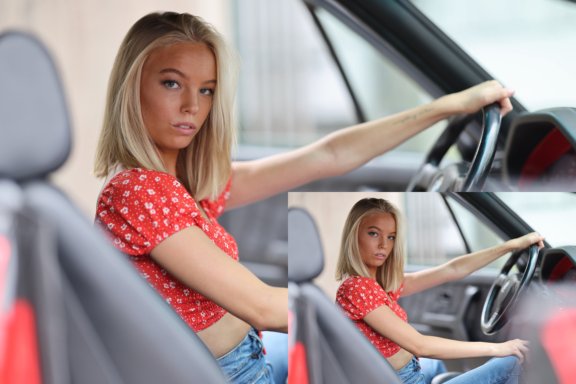 Foto ampliada de un modelo femenino en un automóvil clásico, con foto original en el interior para mostrar el tamaño.