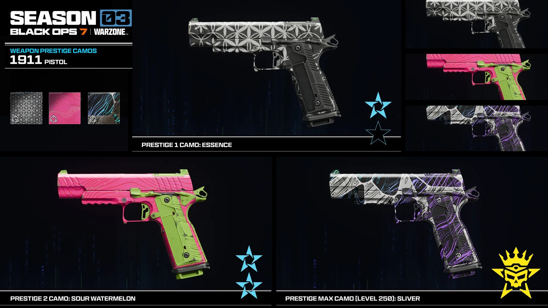 Call of Duty: Black Ops 7 Season 3 screenshots including weapon prestige camos, new mode gameplay for freerun and demolition, and new operator skins.