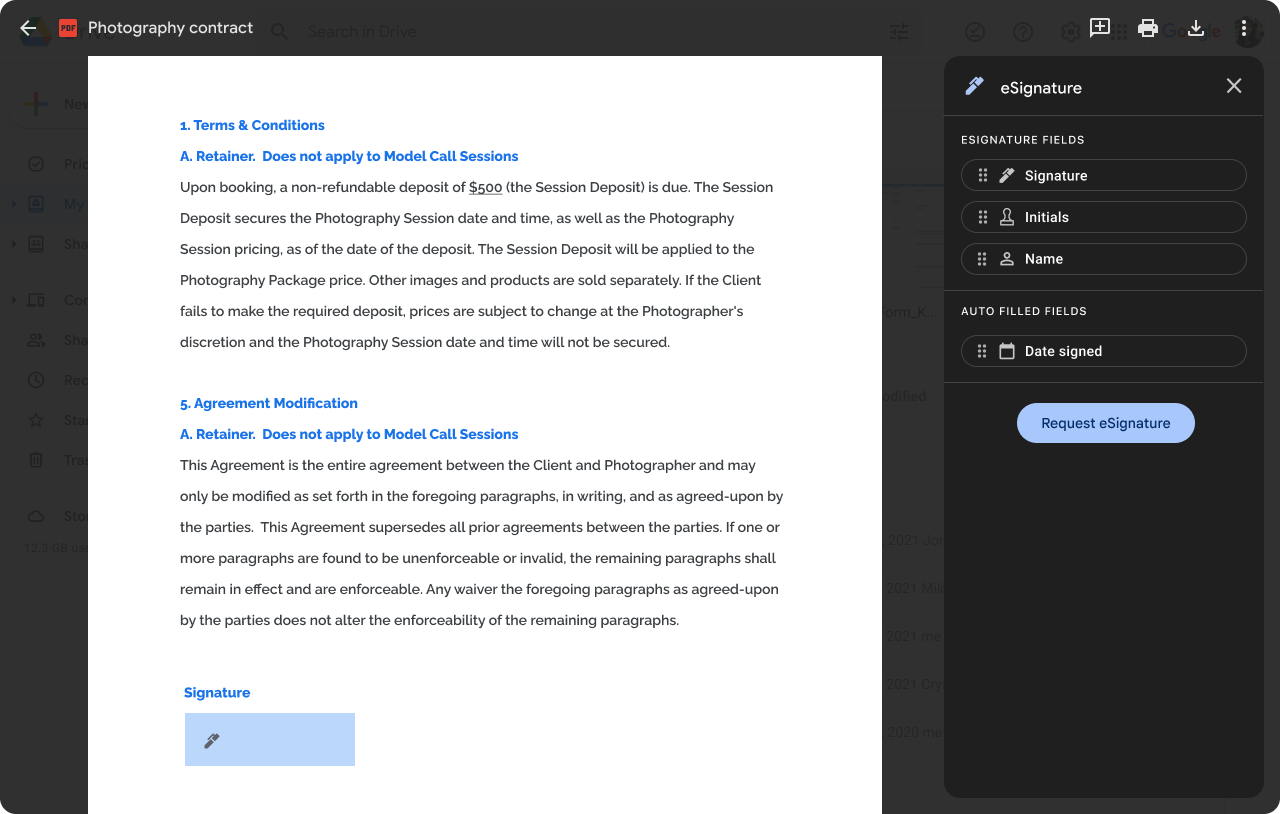 Formular zur Anforderung einer nativen E-Signatur von Google Docs