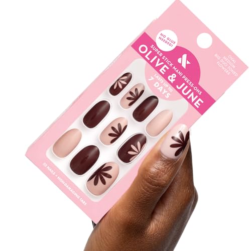 Olive & June Super Stick Mani Press-On Nails | Medium, Oval | No Glue Needed | 32 Tab Nails in 16 Sizes | Non-Toxic Tabs | Easy On-Off, Non-Damaging | Realest Look | 7-Day Wear | Big Duo Toned Flowers