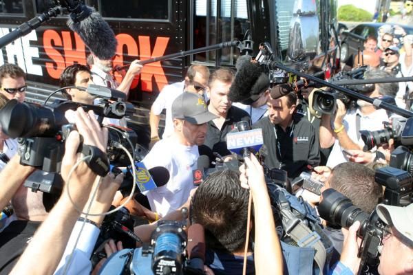 The worlds media swarmed to hear Armstrong's response to Landis' accusations