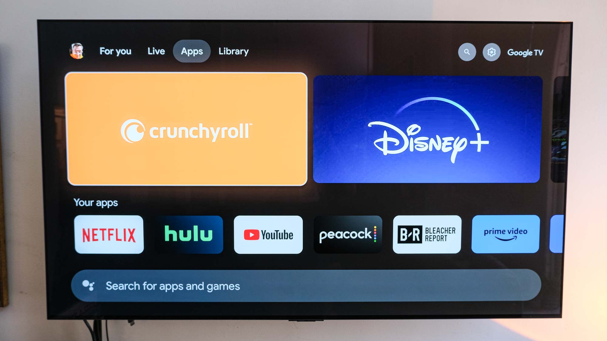 The Apps screen on a TV connected to a 4K Google TV online streaming box
