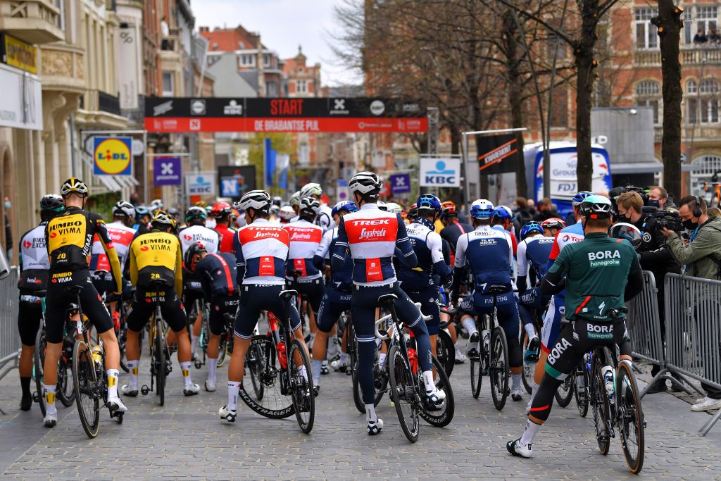 OVERIJSE BELGIUM APRIL 14 Start Antonio Tiberi of Italy Michel Ries of Luxembourg and Team Trek Segafredo The Peloton at Leuven City during the 61st De Brabantse Pijl La Flche Brabanonne 2021 Mens Elite a 2017km race from Leuven to Overijse 106m BP21 FlandersClassic on April 14 2021 in Overijse Belgium Photo by Luc ClaessenGetty Images