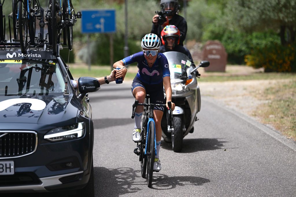 SASSARI ITALY JULY 08 Floortje Mackaij of The Netherlands and Movistar Team competes in the breakaway assisted by the team car during the 34th Giro dItalia Donne 2023 Stage 8 a 1257km stage from Nuoro to Sassari UCIWWT on July 08 2023 in Sassari Italy Photo by Dario BelingheriGetty Images