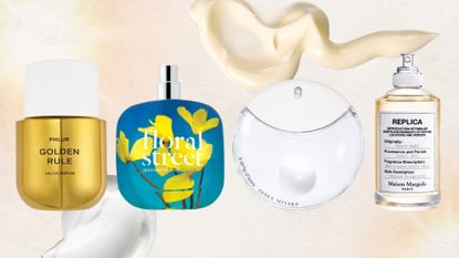 A collage of perfumes that smell like suncream, from brands including PHLUR, Floral Street, Issey Miyake and Maison Margiela/ in a sunny template with two stock images of suncream swatches