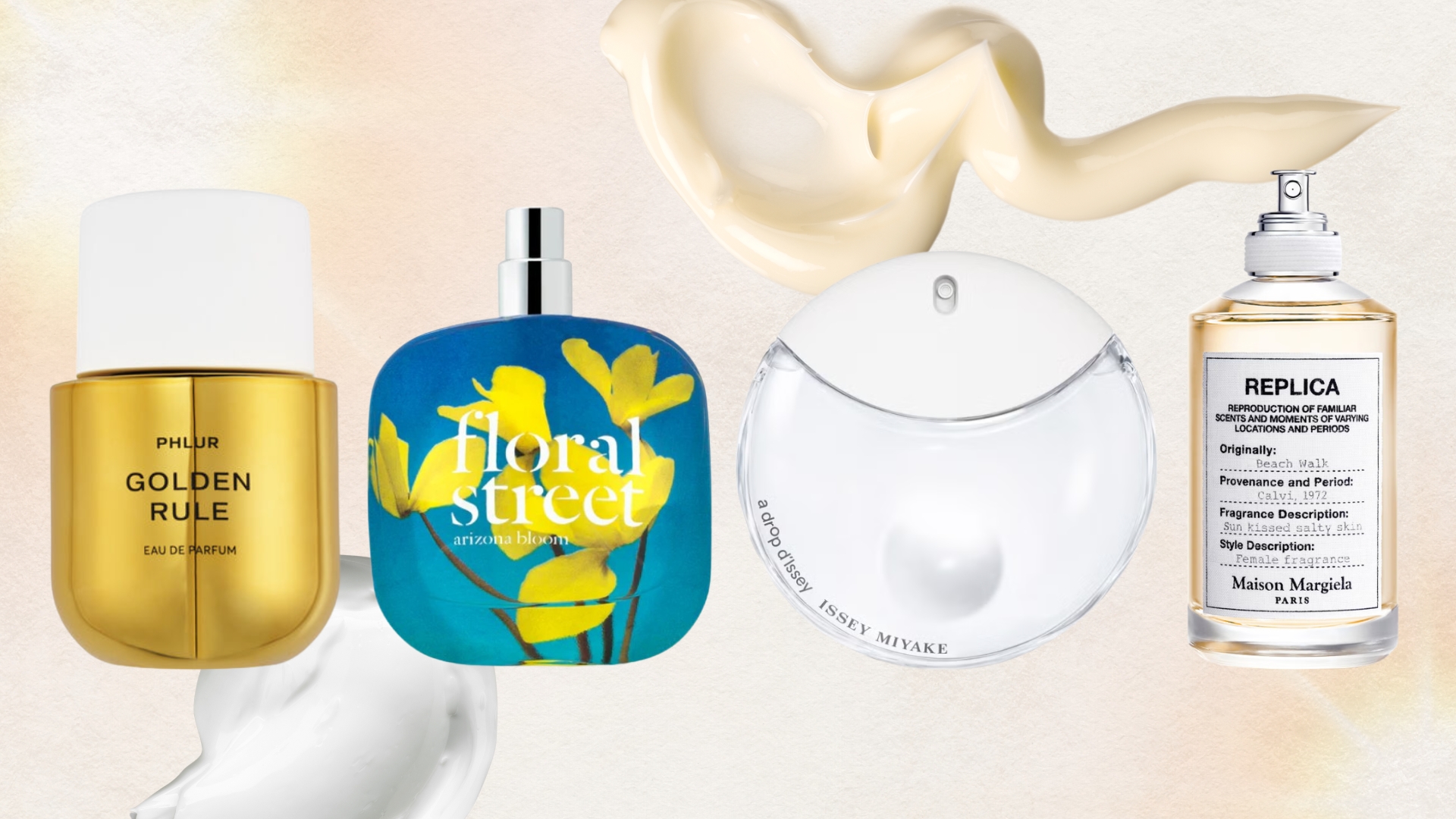 A collage of perfumes that smell like suncream, from brands including PHLUR, Floral Street, Issey Miyake and Maison Margiela/ in a sunny template with two stock images of suncream swatches