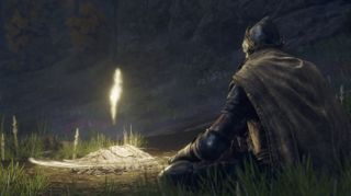 Elden Ring fast travel - a player sitting on the ground beside a glowing Site of Grace