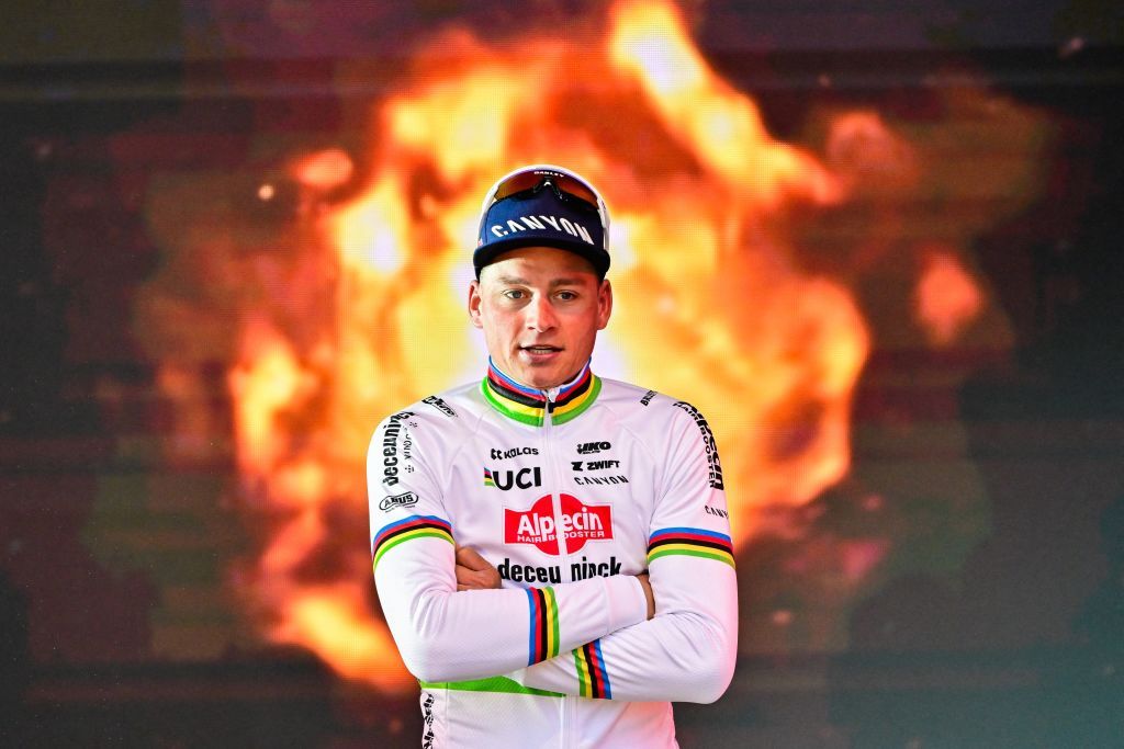 Dutch Mathieu van der Poel of Alpecin-Deceuninck pictured on the podium after winning the 'E3 Saxo Bank Classic' one day cycling race, 207km from and to Harelbeke, Friday 22 March 2024. BELGA PHOTO DIRK WAEM (Photo by DIRK WAEM / BELGA MAG / Belga via AFP)