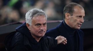 Jose Mourinho and Massimiliano Allegri during Roma's Serie A game againstr Juventus in March 2023.