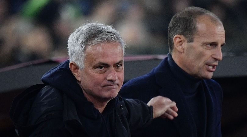 Jose Mourinho and Massimiliano Allegri during Roma&#039;s Serie A game againstr Juventus in March 2023.