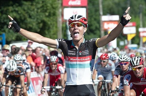 Giacomo Nizzolo (RadioShack-Nissan) celebrates victory in stage 3 at the Tour de Wallonie.