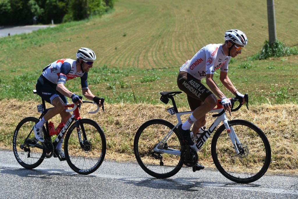 ASCOLI PICENO SAN GIACOMO ITALY MAY 13 Bauke Mollema of Netherlands and Team Trek Segafredo Geoffrey Bouchard of France and AG2R Citren Team in the chase group during the 104th Giro dItalia 2021 Stage 6 a 160km stage from Grotte di Frasassi to Ascoli Piceno San Giacomo 1090m girodiitalia Giro UCIworldtour on May 13 2021 in Ascoli Piceno San Giacomo Italy Photo by Tim de WaeleGetty Images