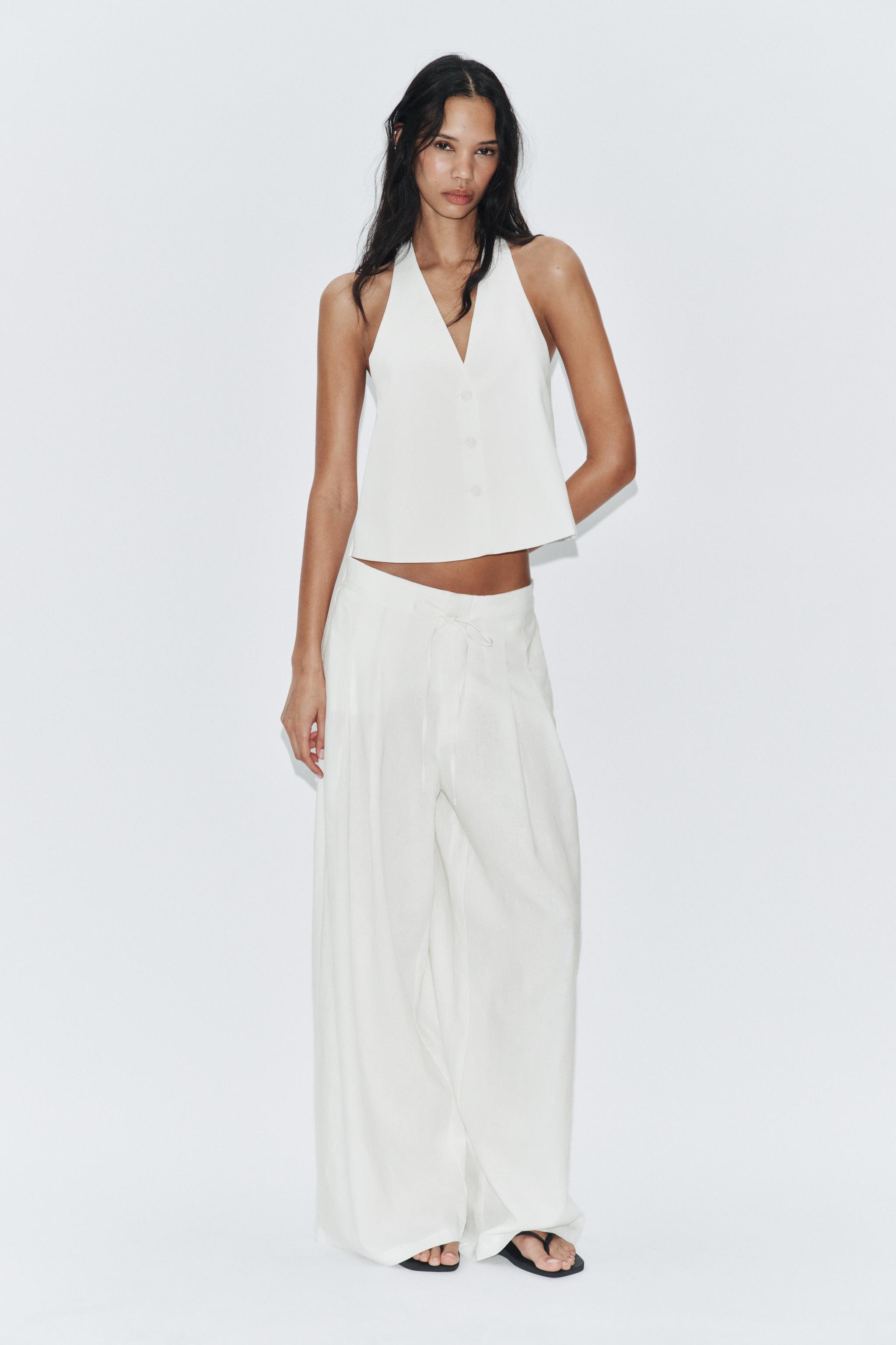 Linen Blend Wide-Leg Trousers With Pleats