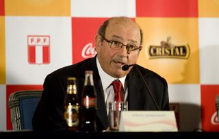 Peru coach Sergio Markarian speaks at a press conference in July 2010.