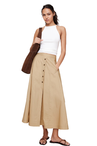 Poplin Button-Down Long Midi Skirt