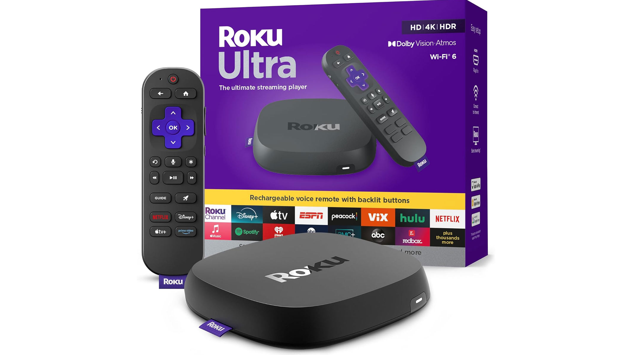 A Black smooth-cornered box and a Black remote controller surround a purple product box, all on a white background.